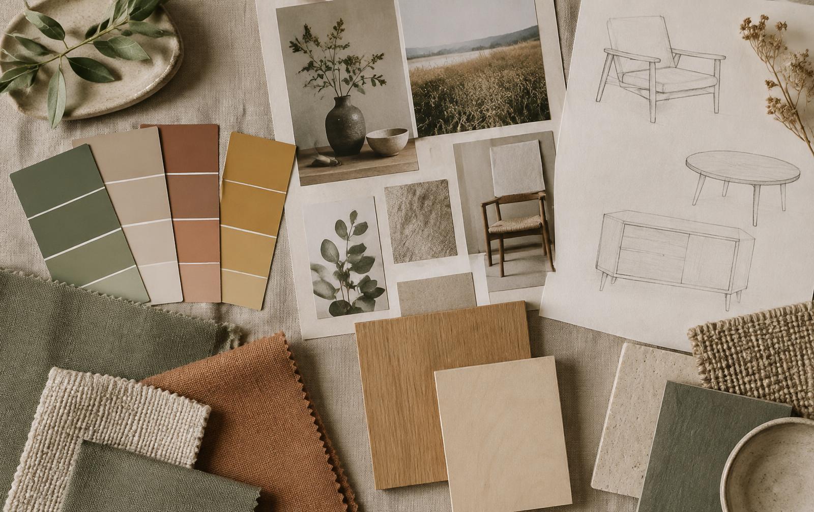 Färgprover i salvia, lera och ockra, textilprover, moodboard, möbelskisser och träprover på en linneduk