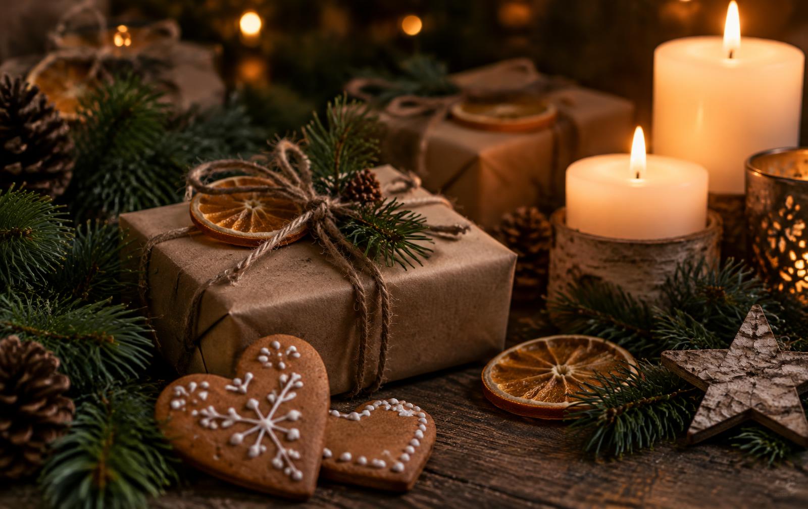 Granris, pepparkakshjärtan, paket i brunt papper med torkade apelsinskivor och tända ljus