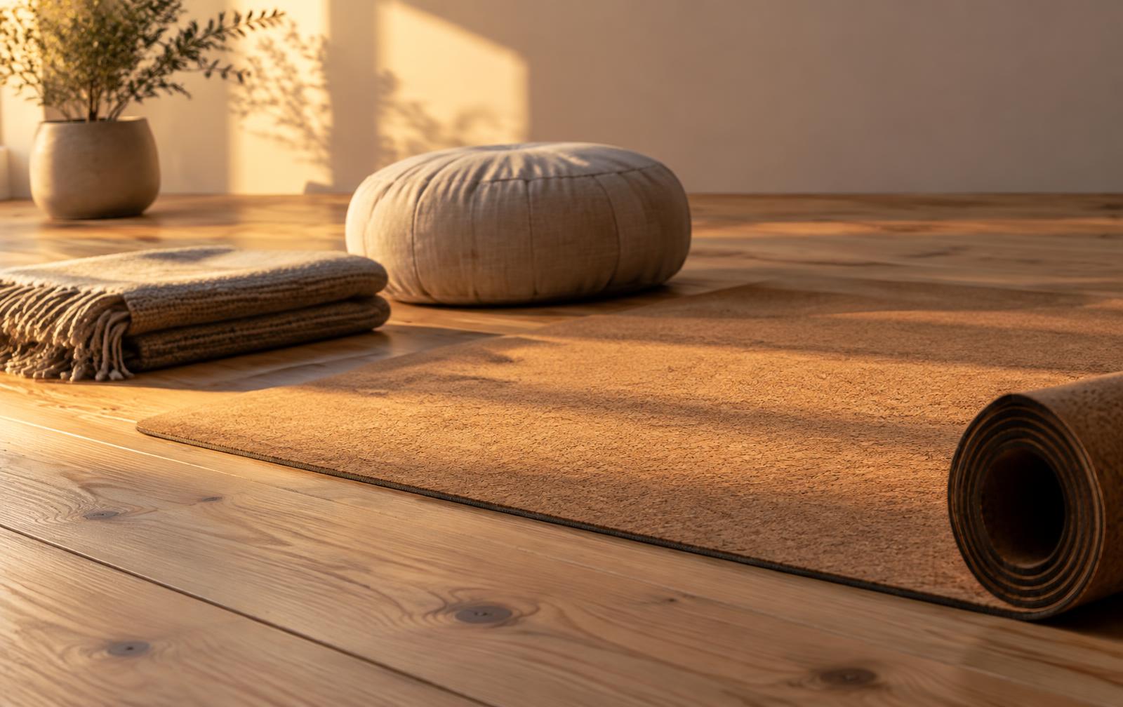 Yogamatta av kork, vikt ullfilt och meditationskudde på ett trägolv i varmt sidoljus